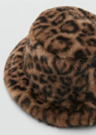 Cappello a secchiello in pelliccia sintetica leopardata