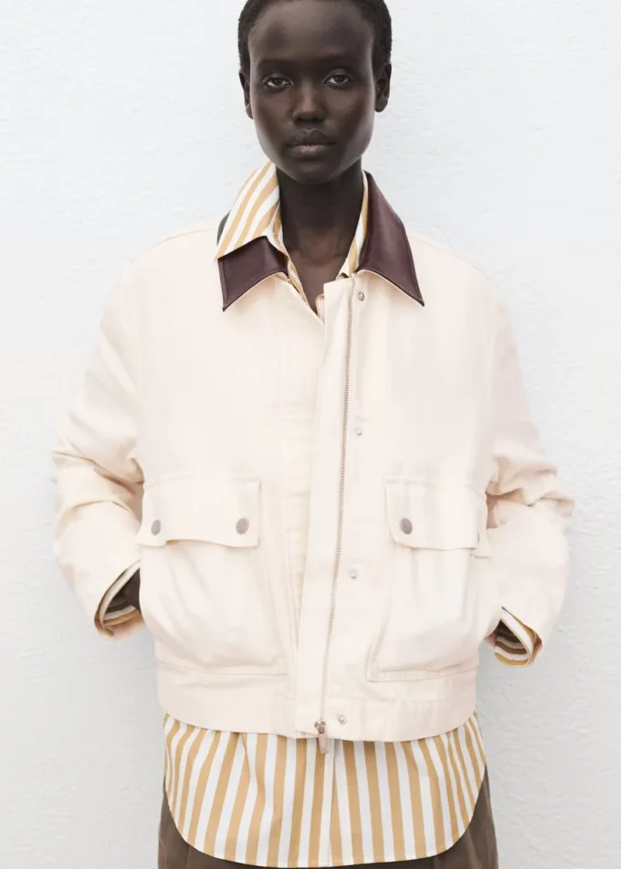 Giacca da lavoro in denim con collo a contrasto Giacca da lavoro in denim con collo a contrasto