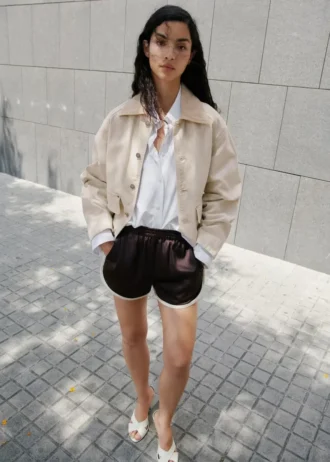 Giacca da lavoro in denim con collo a contrasto