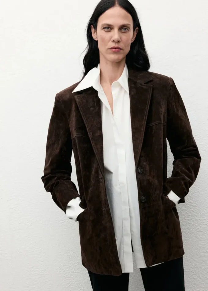 Giacca dritta in pelle scamosciata