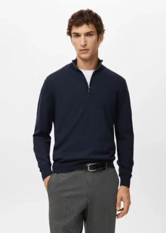 Maglione con collo alto e zip 100% lana merino