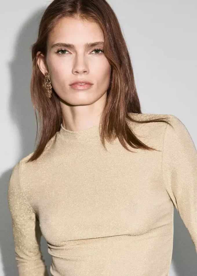 T-shirt in lurex con collo alla coreana T-shirt in lurex con collo alla coreana