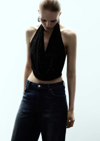 Top con scollo drappeggiato e cristalli