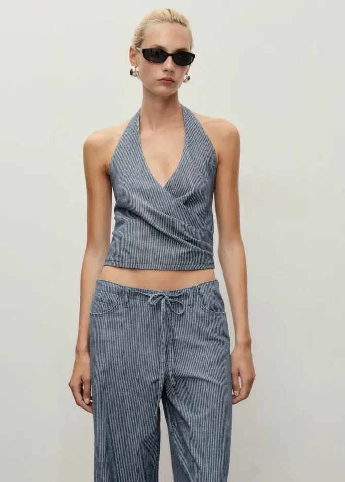 Top in denim a righe incrociato Top in denim a righe incrociato