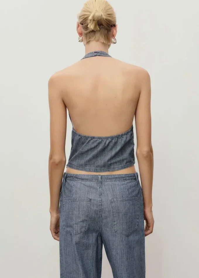 Top in denim a righe incrociato Top in denim a righe incrociato